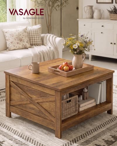 VASAGLE Lift Top Square Coffee Table with Storage - Honey Brown, 31.5"D x 31.5"W x 17.9"H