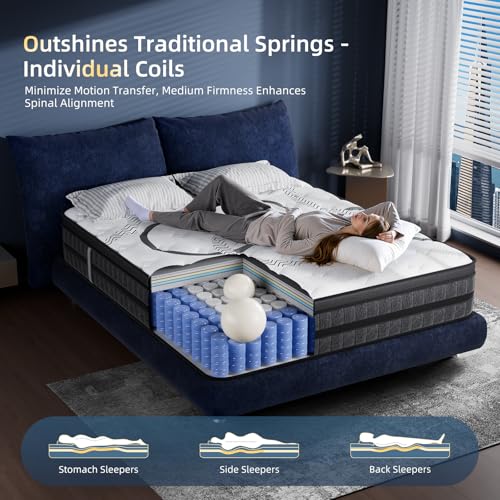 Queen Mattress 12 Inch Hybrid Queen Size in a Box Medium Firm New Version with Memory Foam & Pocket Springs - Pressure Relief & Motion Isolation