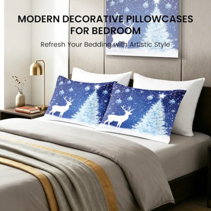 King Size Blue Christmas Pillow Cases Set of 2 - Ultra Soft Microfiber, Envelope Closure