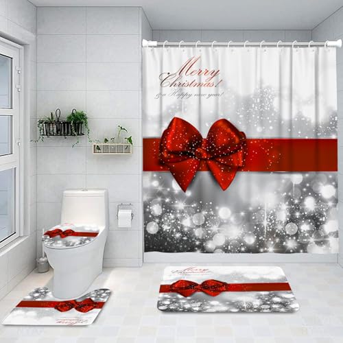 Christmas Bow Bathroom Set with Shower Curtain, Bath Rugs & Accessories - Red