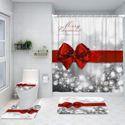 Christmas Bow Bathroom Set with Shower Curtain, Bath Rugs & Accessories - Red
