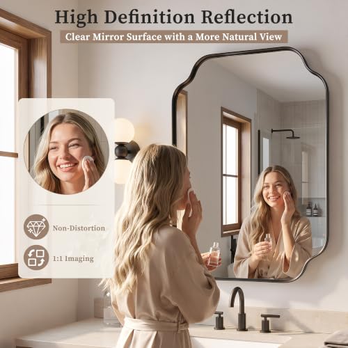 Black Scalloped Bathroom Mirror 36in x 30in Wall-Mounted Vanity Mirror