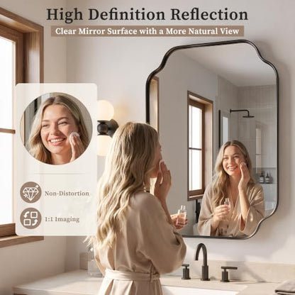 Black Scalloped Bathroom Mirror 36in x 30in Wall-Mounted Vanity Mirror