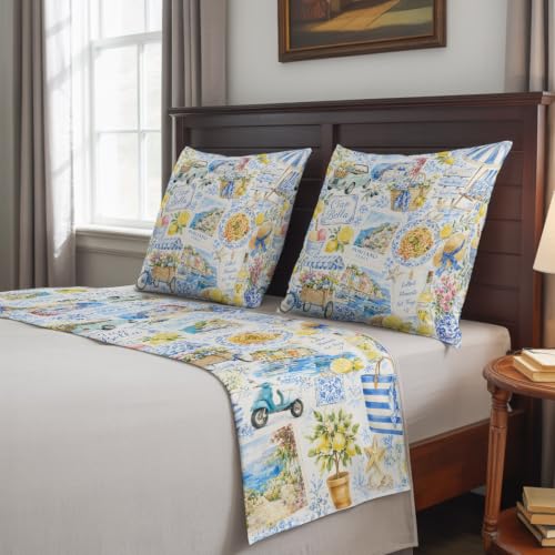 Summer Village Bed Runner & Pillow Cover Set Coastal Blue Lemon Yellow 102"