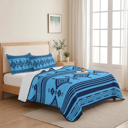 Twin Size Quilt Bedding Set - Blue Azure Boho Southwestern Vintage Zigzag