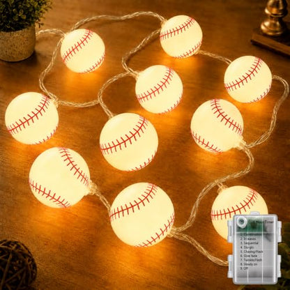 Baseball String Lights - Battery Operated 20 LED Bulbs for Room Decor, Party, Outdoor