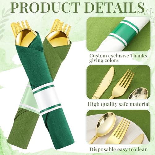 Pre-Rolled Gold Cutlery Set with Green Napkins for 50 Guests - Disposable Party Tableware