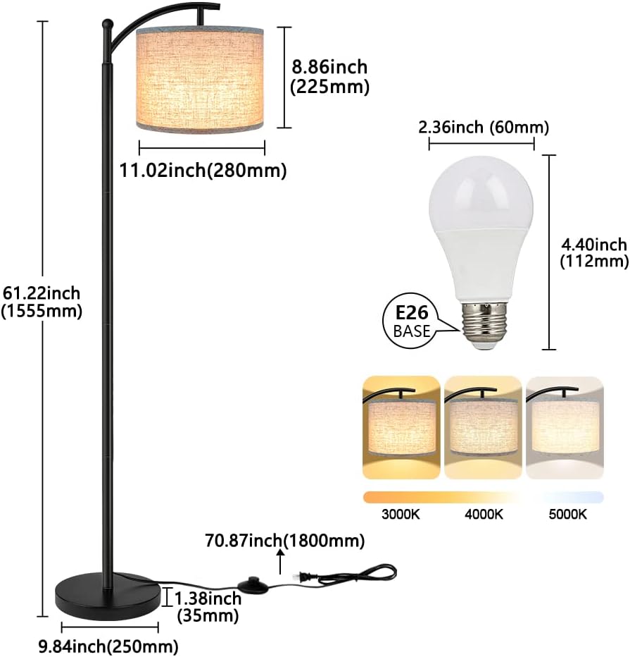 ROTTOGOON Floor Lamp - Tall Industrial Design with 3 Color Temperatures LED Bulb | Beige Shade Included