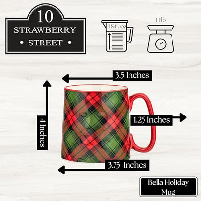 Holiday Plaid Ceramic Mug Set of 4 - 18oz Christmas Coffee Cups with Handle