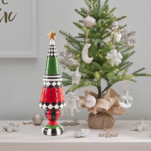 Black and White Checkered Christmas Tree Figurine Decor - Red Variation