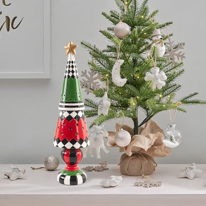 Black and White Checkered Christmas Tree Figurine Decor - Red Variation