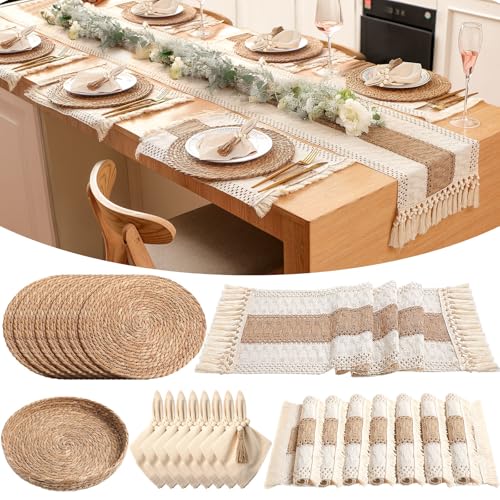 Khaki Boho 8-Piece Table Runner and Woven Placemat Set - 12x108 Inches