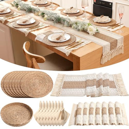 Khaki Boho 8-Piece Table Runner and Woven Placemat Set - 12x108 Inches