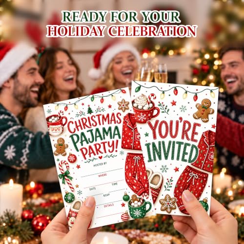 Christmas Pajama Party Invitation Cards - Set of 20 with Envelopes, Vibrant Design