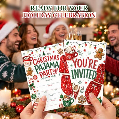Christmas Pajama Party Invitation Cards - Set of 20 with Envelopes, Vibrant Design