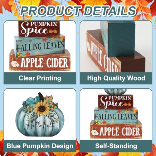 Blue Pumpkin Thanksgiving Wooden Block Signs Set - Farmhouse Fall Decor - Variation of THIS listing