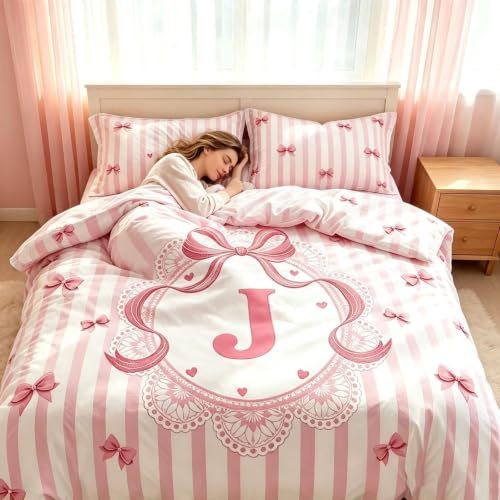 Pink Letter J Duvet Cover Set Twin Size Kids Bedding with Bow Design - Pink J Variation
