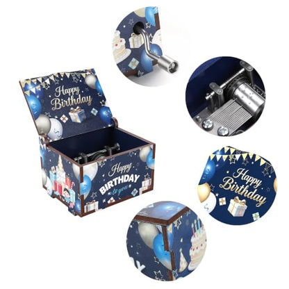 Wooden Hand Crank Music Box Birthday Melody Mini Keepsake Blue