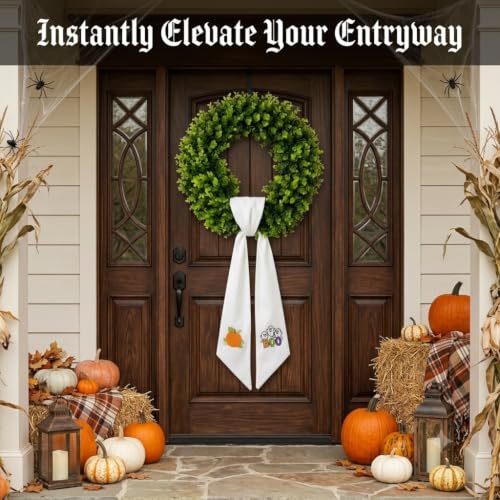 Fall Halloween Wreath Sash with Embroidered Ghost and Pumpkin - 59 Inch Seasonal Decor