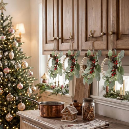 12 Pcs 10-Inch Mini Christmas Wreaths for Cabinets, Rustic Wood Bead Decor - Variation of THIS listing 12