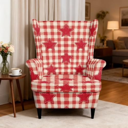Red Wingback Chair Cover Slipcover 2-Piece Color Block Star Print - Non-Slip & Protects Furniture