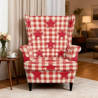 Red Wingback Chair Cover Slipcover 2-Piece Color Block Star Print - Non-Slip & Protects Furniture