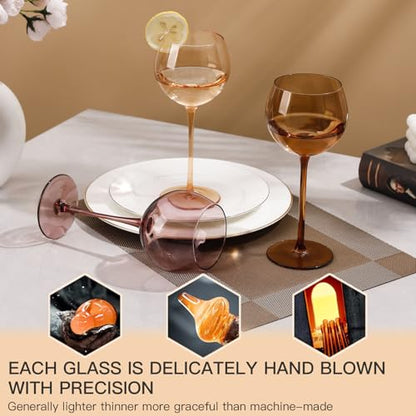 Multicolour Balloon Colored Wine Glasses Set of 6 - 15oz Hand Blown Crystal Stemware for Weddings & Parties