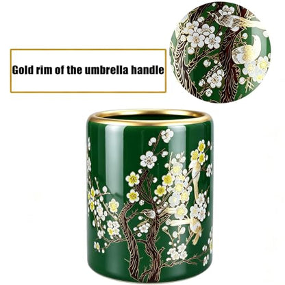 Multicolor Ceramic Umbrella Stand with Hand-Painted Floral Pattern - Green