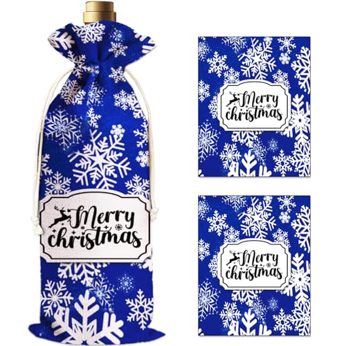IRADA Burlap Wine Bags - 2 Bottle Party Decorations with Snowflake Labels - Christmas Gift Wrap