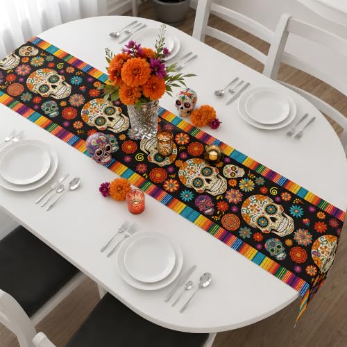 Dia De Los Muertos Decorations - Sugar Skull Day of the Dead Table Runner - Vibrant Mexican Celebration