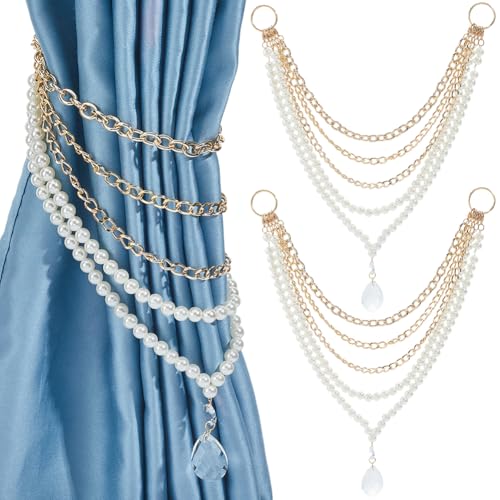 Pearl Chain Curtain Tiebacks - Gold Beaded Drapery Holdbacks with Metal Clasp - 10 Pack, 5 Styles - Pearl Variation of THIS listing
