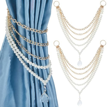 Pearl Chain Curtain Tiebacks - Gold Beaded Drapery Holdbacks with Metal Clasp - 10 Pack, 5 Styles - Pearl Variation of THIS listing
