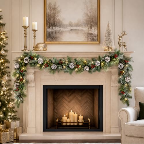 9ft Flocked Artificial Christmas Garland with Lights, Pre-Lit Snow-Frosted Decor