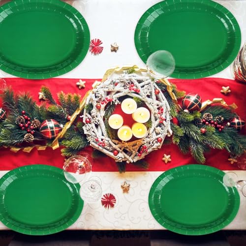 Green Oval Paper Plates 50 Pack - Large 12x10 Inch for Parties & Holidays