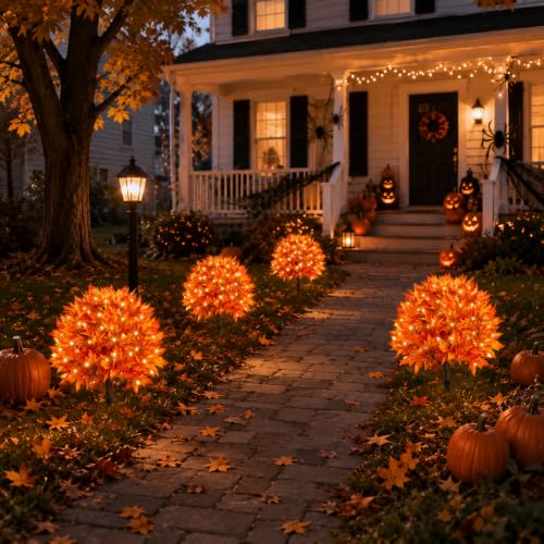 Solar Power Autumn Maple Tree Topiary Ball Outdoor Garden Decor with Lights