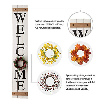 White Welcome Sign with 4 Interchangeable Floral Wreaths - Farmhouse Porch Decor