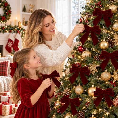 Burgundy Velvet Christmas Tree Bows - 24 Pack Holiday Decorations