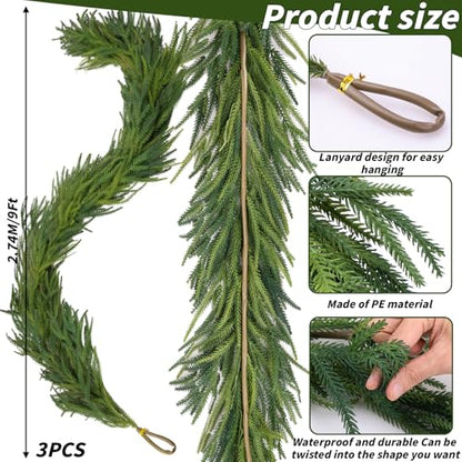 Norfolk Garland 9 Ft Artificial Greenery Christmas Decor - Set of 3 - Dense Real Touch Winter Pine