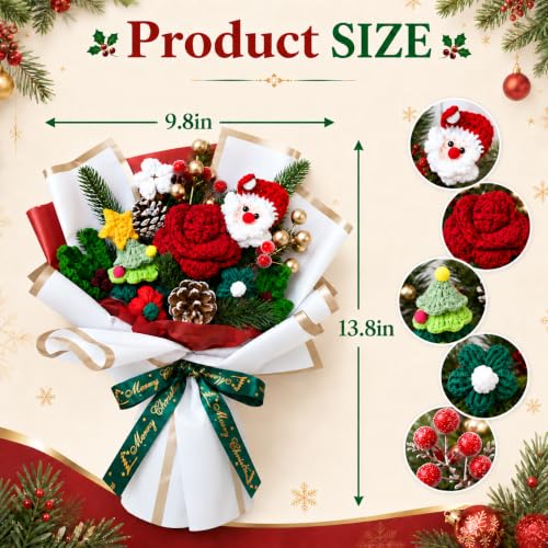 Christmas Crochet Flower Bouquet with Santa Decoration - Handmade Holiday Decor