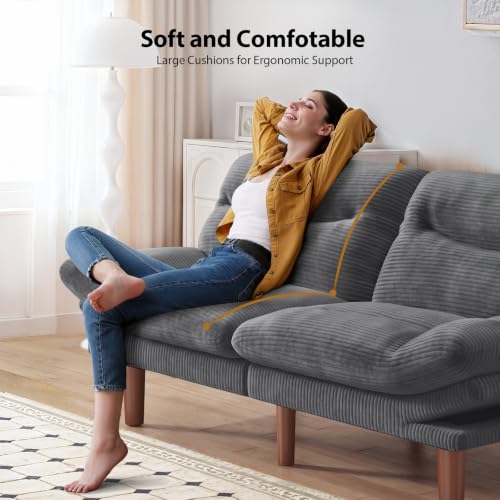 Convertible Futon Sofa Bed - Corduroy, 66 Inch, Warm Grey - Space Saving