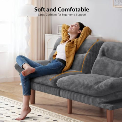 Convertible Futon Sofa Bed - Corduroy, 66 Inch, Warm Grey - Space Saving