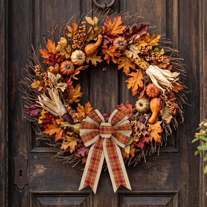 Fall Wreath Bow for Front Door and Holiday Decor - Plaid Thanksgiving Topper