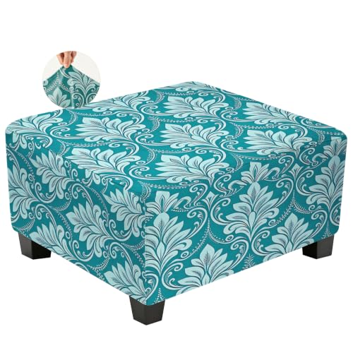 Stretch Square Ottoman Cover with Nonslip Bottom - Blue Damask Plant, Large