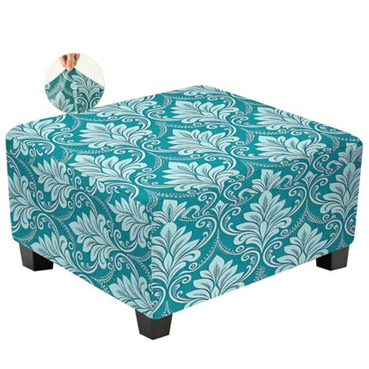Stretch Square Ottoman Cover with Nonslip Bottom - Blue Damask Plant, Large