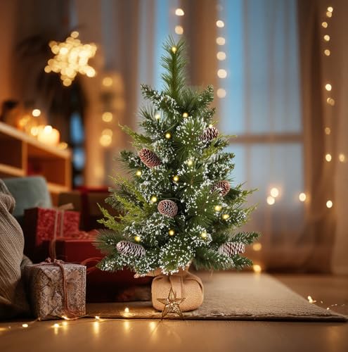 Mini Artificial Christmas Tree 2ft with LED Lights and Pine Cones, Tabletop Decor