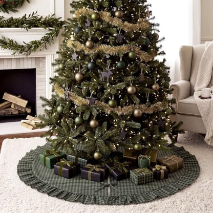 Dark Forest Green Gingham Christmas Tree Skirt with Ruffled Border - 48 Inch, Variation of Forest Green / 48 in