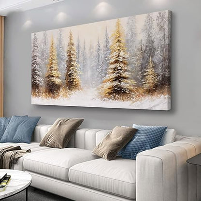 Vintage Wall Art Canvas 58x29 Inches Christmas Tree Landscape Abstract Gold Frame - Yellow White
