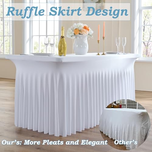 White Spandex Table Cover 8ft Rectangle with Ruffle Skirt 2 Pack - Wrinkle Free Stretch Fitted Tablecloths for Parties Weddings Banquets