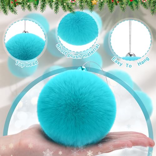 Turquoise Christmas Furry Ball Ornaments Set of 15 - 3.5 Inch Tree Decor