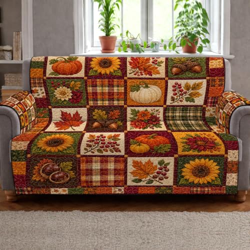 Personalized Autumn Paw Patchwork Sofa Cover with Pumpkin Gnome Design - A03